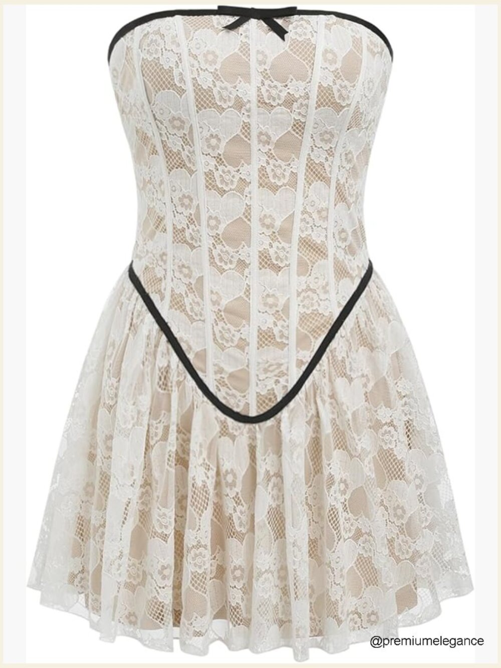 Elegant Bow Short Mini Dress Lace Contrast Binding Tube Strapless Summer Party